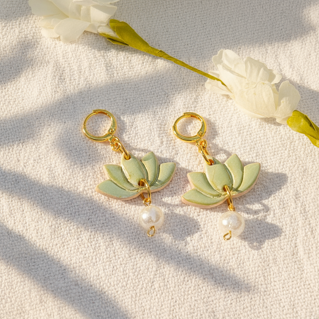 Green handcrafted Lotus Flower Earrings made from lightweight polymer clay, symbolizing purity and resilience. Unique, lead and nickel-free jewelry, perfect for sensitive ears.