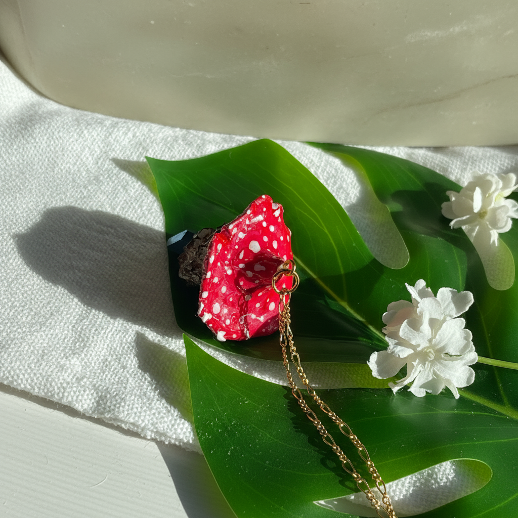 Handcrafted necklace featuring a blue quartz crystal and a polymer clay mushroom pendant, perfect for bohemian and nature-inspired fashion.