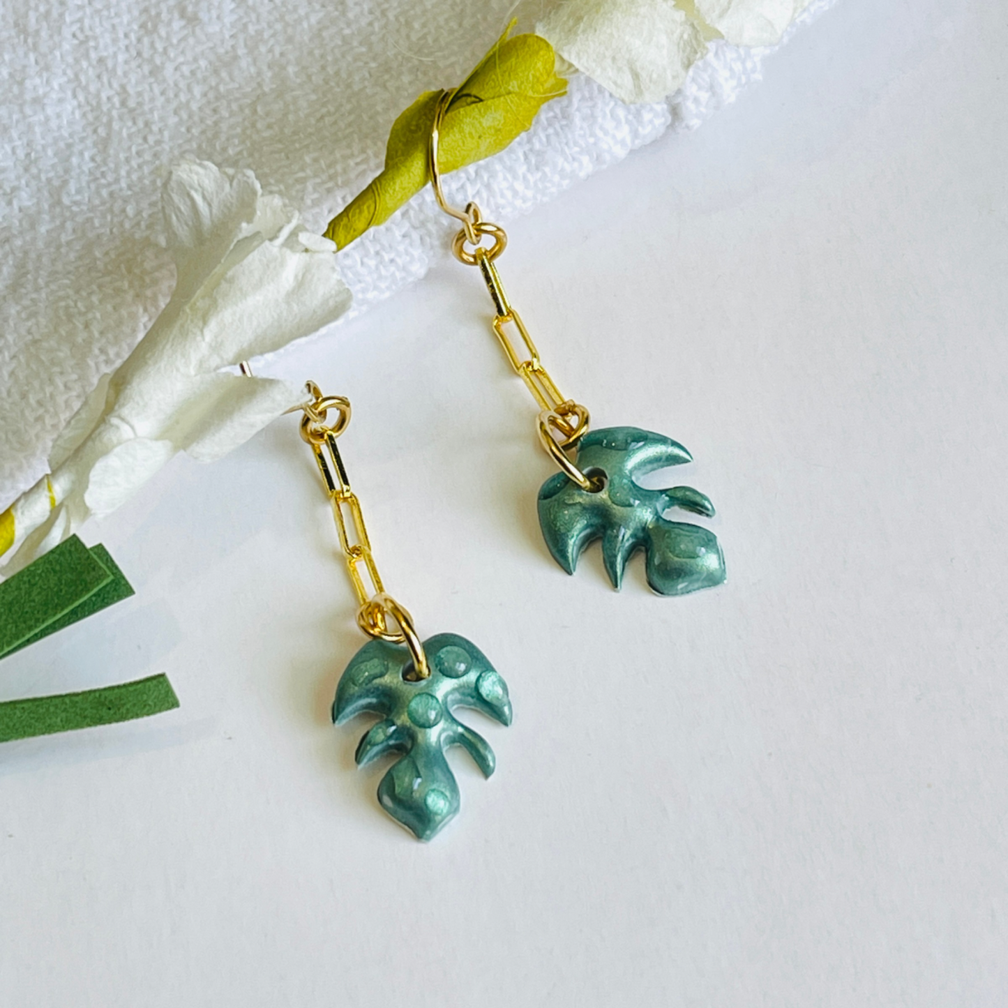 Handcrafted Mini Monstera Leaf Earrings with dew drop accents, lightweight and nature-inspired jewelry for everyday wear. Lead and nickel-free, perfect for sensitive ears.
