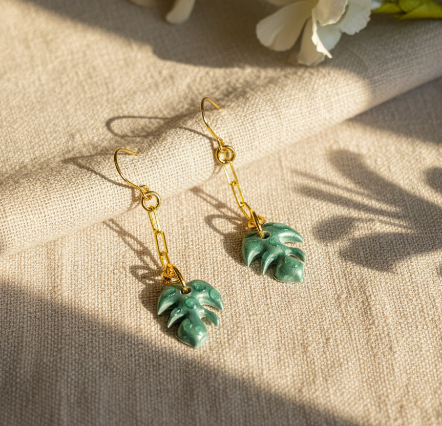 Handcrafted Mini Monstera Leaf Earrings with dew drop accents, lightweight and nature-inspired jewelry for everyday wear. Lead and nickel-free, perfect for sensitive ears.