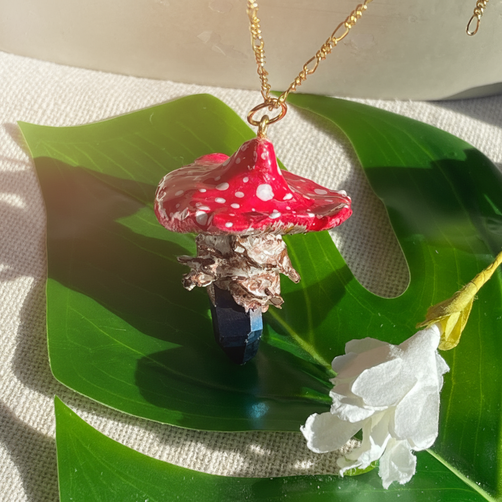 Handcrafted necklace featuring a blue quartz crystal and a polymer clay mushroom pendant, perfect for bohemian and nature-inspired fashion.