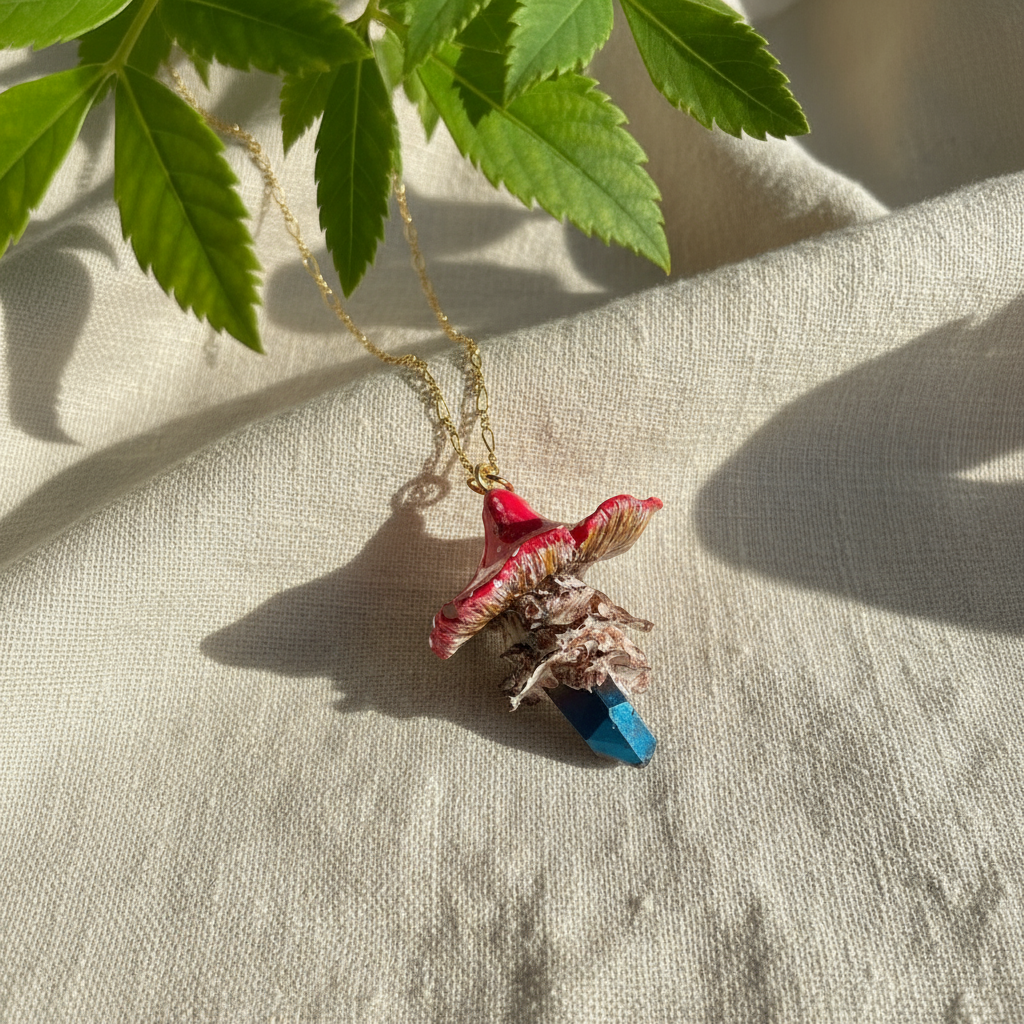 Handcrafted necklace featuring a blue quartz crystal and a polymer clay mushroom pendant, perfect for bohemian and nature-inspired fashion.