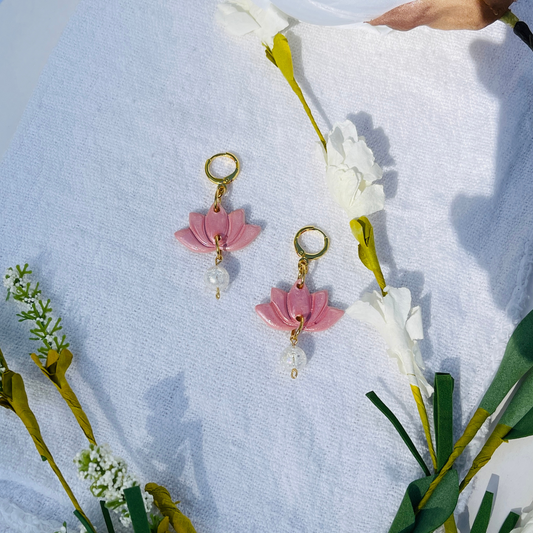 Handcrafted Pink Lotus Flower Earrings made from lightweight polymer clay, symbolizing purity and resilience. Unique, lead and nickel-free jewelry, perfect for sensitive ears.