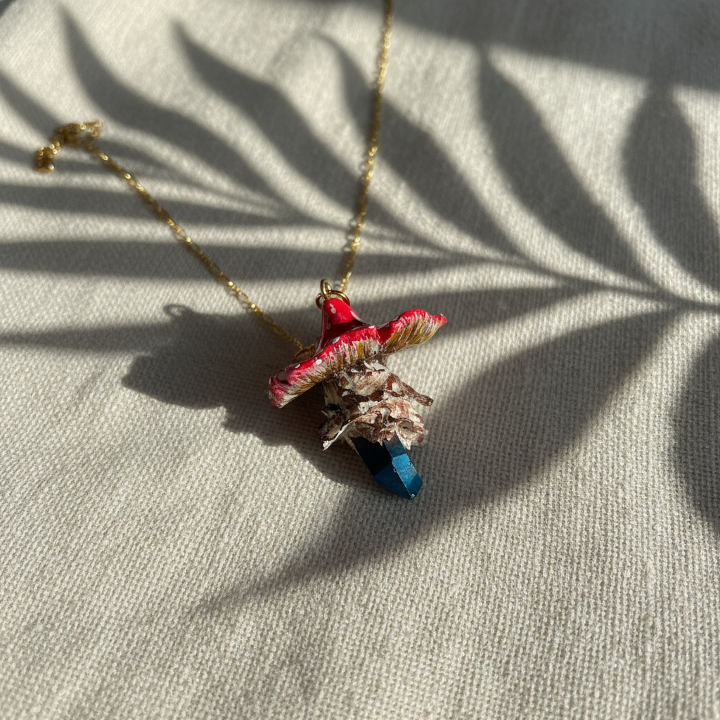Handcrafted necklace featuring a blue quartz crystal and a polymer clay mushroom pendant, perfect for bohemian and nature-inspired fashion.