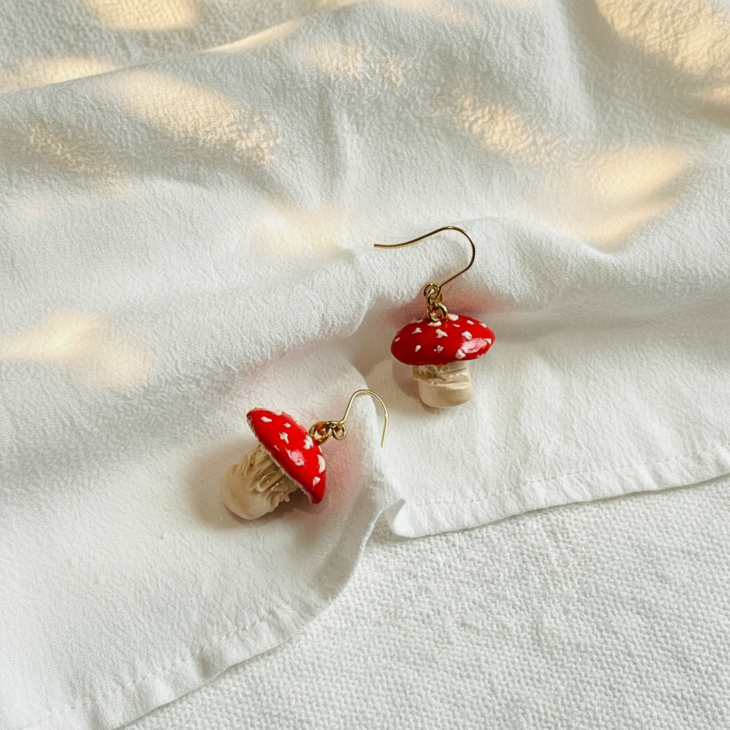 Handcrafted Toadstool Mushroom Earrings made from high-quality polymer clay, featuring intricate details and a whimsical design, perfect for adding a playful charm to any outfit.