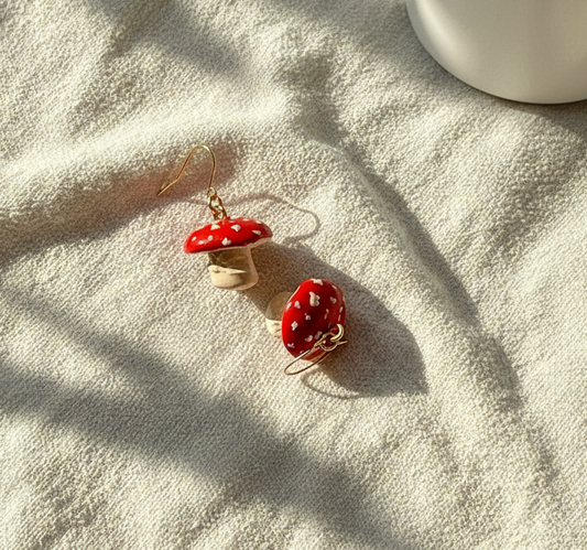 Handcrafted Toadstool Mushroom Earrings made from high-quality polymer clay, featuring intricate details and a whimsical design, perfect for adding a playful charm to any outfit.