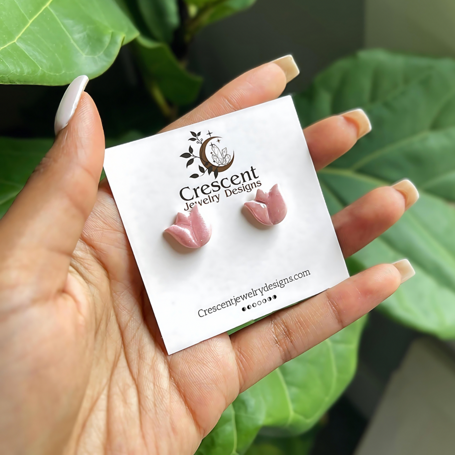 Handmade Pink Tulip Stud Earrings in lightweight polymer clay, perfect summer accessories that add charm and color to any outfit.