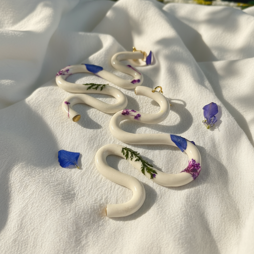 Handmade SELENE Swiggle Earrings crafted from polymer clay, featuring intricate artwork and modern geometric designs, lightweight and waterproof for a bold and unique accessory statement.