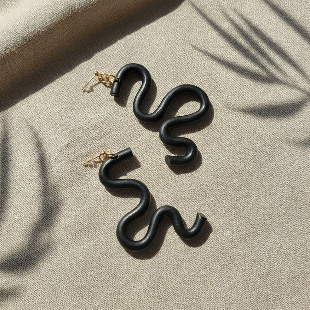 Handmade SELENE Swiggle Earrings crafted from polymer clay, featuring intricate artwork and modern geometric designs, lightweight and waterproof for a bold and unique accessory statement.