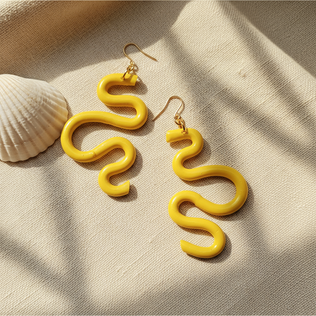 Handmade SELENE Swiggle Earrings crafted from polymer clay, featuring intricate artwork and modern geometric designs, lightweight and waterproof for a bold and unique accessory statement.