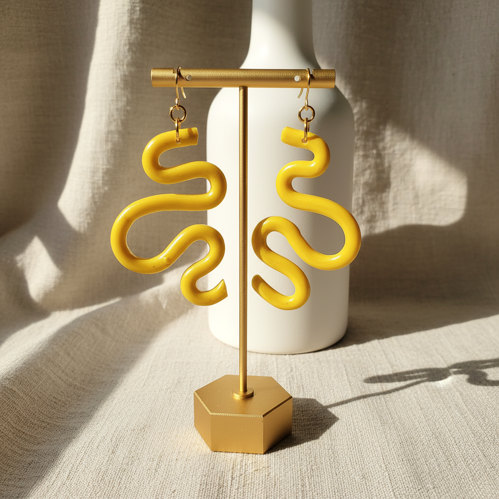 Handmade SELENE Swiggle Earrings crafted from polymer clay, featuring intricate artwork and modern geometric designs, lightweight and waterproof for a bold and unique accessory statement.