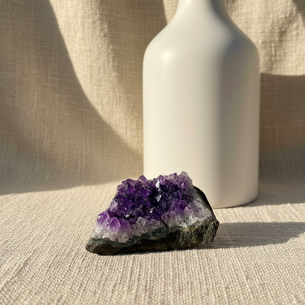 Close-up of a natural Amethyst crystal cluster showcasing deep purple hues and sparkling facets.