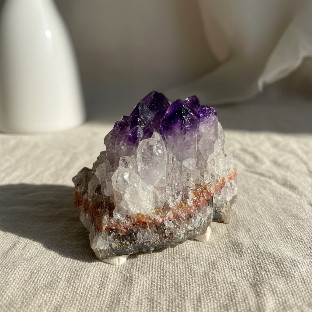 Close-up of a natural Amethyst crystal cluster showcasing deep purple hues and sparkling facets.