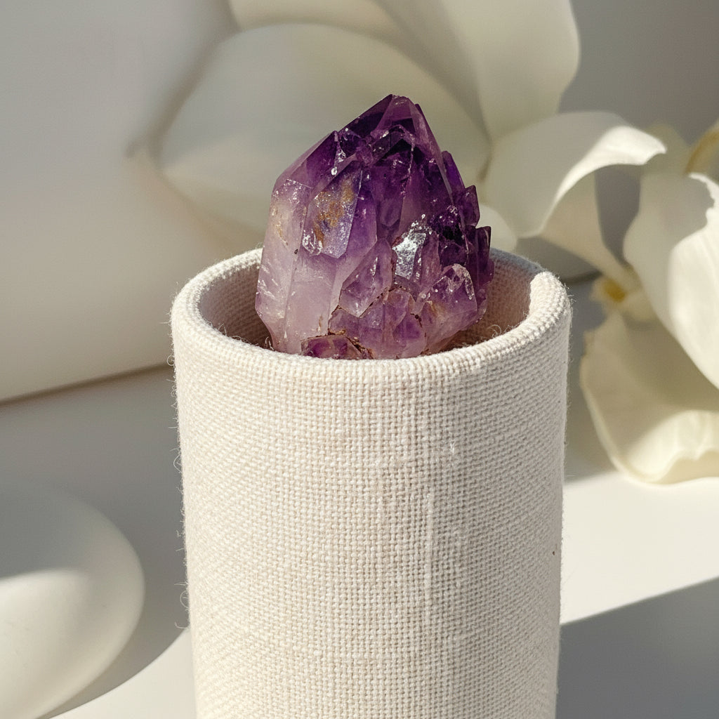 Raw Amethyst crystal point with vibrant purple color, perfect for meditation and spiritual healing practices.