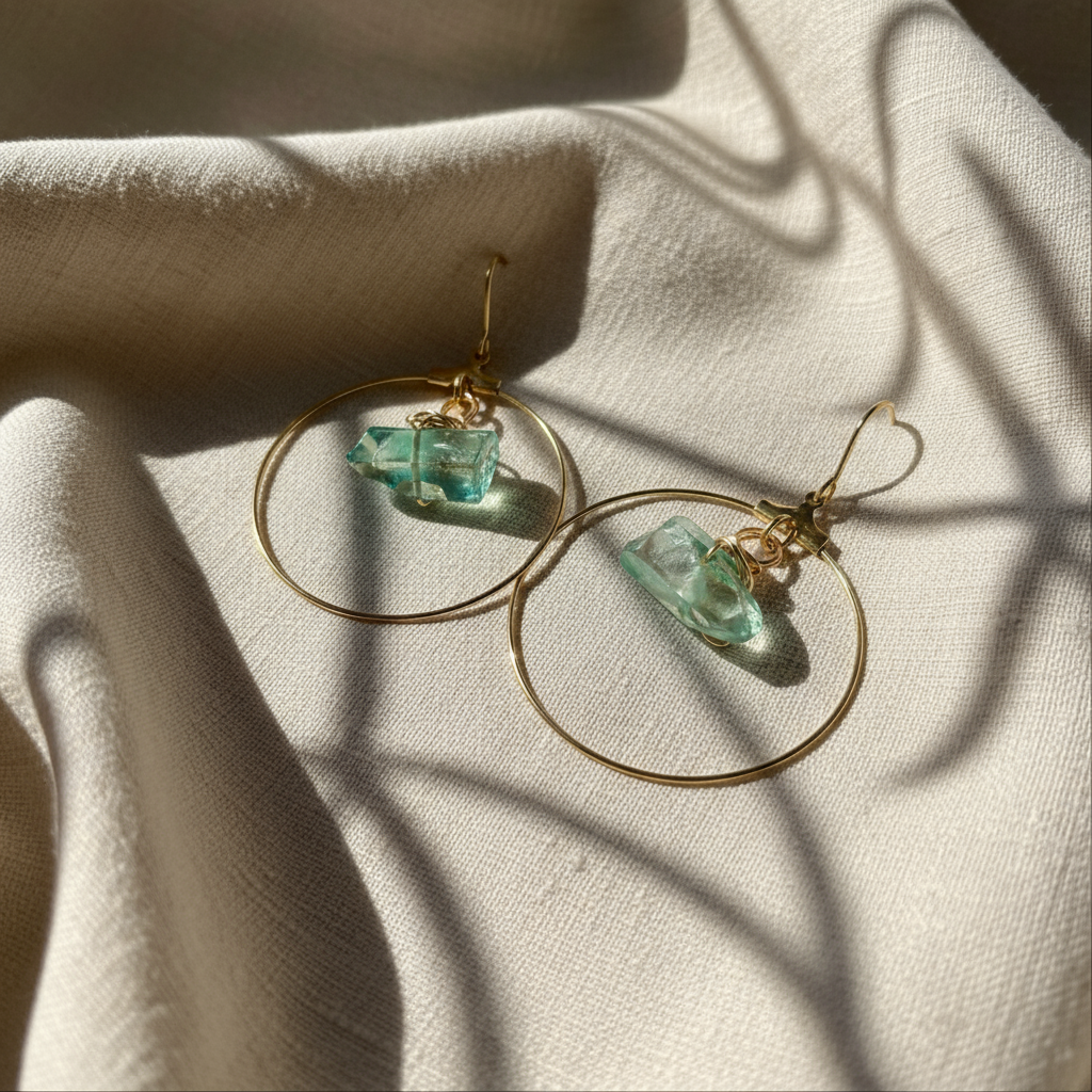 Handmade CORA Hoops featuring a wire-wrapped green quartz crystal and tarnish-resistant gold-filled ear wires, inspired by nature and the goddess of spring. Lightweight and lead/nickel-free, perfect for sensitive ears.