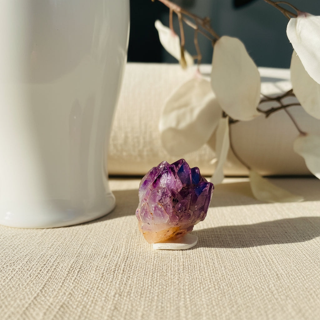 Close-up of a natural Amethyst crystal cluster showcasing deep purple hues and sparkling facets.